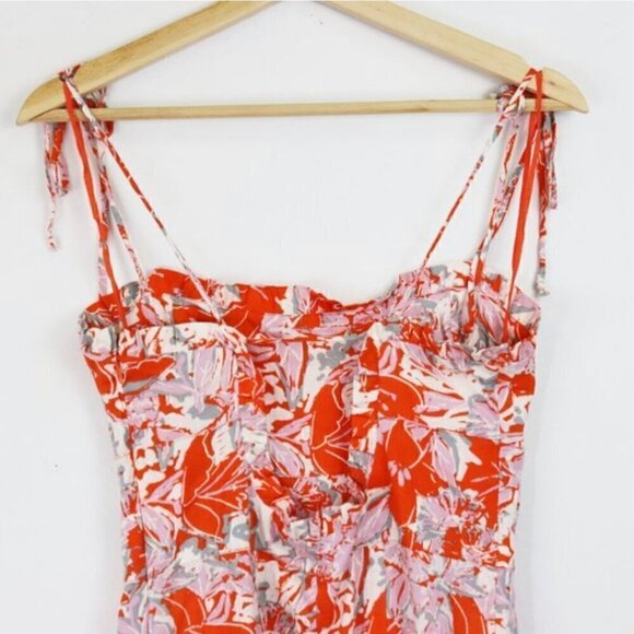 Free People Dress 8 NWOT Beach Party Shoulder Midi Linen Orange Floral Summer - Picture 7 of 12